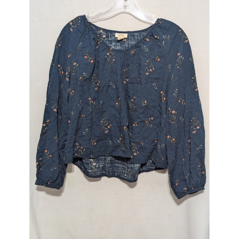 a.n.a A New Approach Navy Blue Floral Crinkle Gauze Blouse Petite Large PL